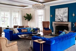 Beige blue living room interior
