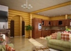 Photo of a kitchen made of rounded logs