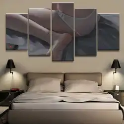 Large paintings in the bedroom above the bed photo