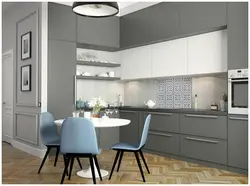 Gray floor and gray walls in the kitchen interior photo