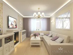 Living room 16 sq m design with fireplace