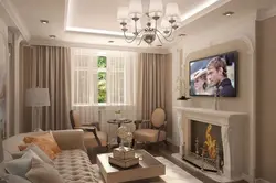 Living room 16 sq m design with fireplace