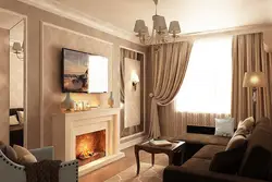 Living room 16 sq m design with fireplace