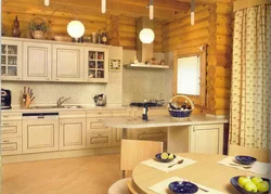 Kitchen design for home made of rounded logs