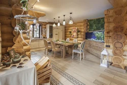 Kitchen design for home made of rounded logs