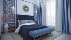 Blue wallpaper in the bedroom interior curtains