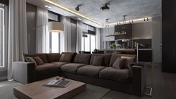 Living room interiors in gray-brown tone