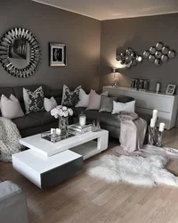 Living room interiors in gray-brown tone