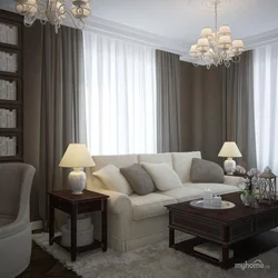 Living room interiors in gray-brown tone