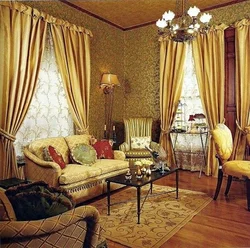 Golden curtains in the living room photo