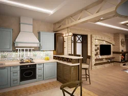 Kitchen design 30 sq m with fireplace