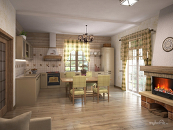 Kitchen design 30 sq m with fireplace