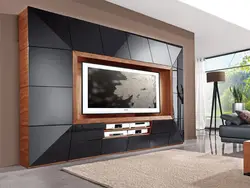 Дизайн стенки в гостиной в современном стиле с телевизором