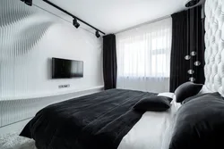 White curtains in the bedroom interior