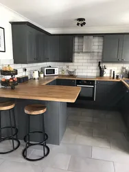 Gray kitchen with wood-look countertop photo