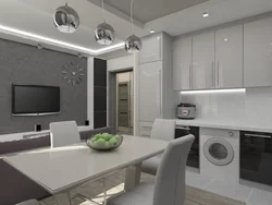 Living room kitchen design in white and gray tones photo