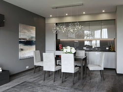 Living room kitchen design in white and gray tones photo