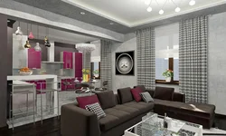 Living room kitchen design in white and gray tones photo