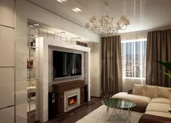 Interior of a living room with a fireplace in an apartment of 20 sq m