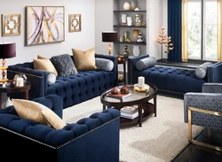 Blue sofa in the bedroom interior
