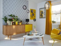 Yellow sofa in the kitchen in the interior photo