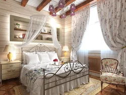 Curtains in a bedroom in a wooden house photo