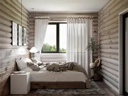 Curtains in a bedroom in a wooden house photo