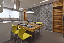 Kitchen interior with wallpaper photo in modern style