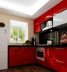 Red interior of a small kitchen