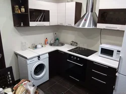 Photos of straight kitchens with a refrigerator and washing machine