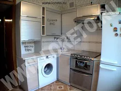 Photos of straight kitchens with a refrigerator and washing machine