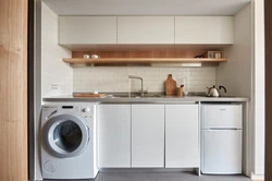 Photos of straight kitchens with a refrigerator and washing machine