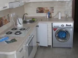 Photos of straight kitchens with a refrigerator and washing machine