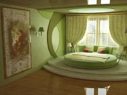 Круглая кровать в интерьере спальни