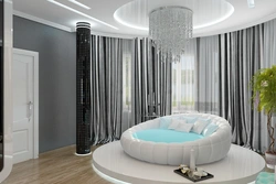 Round bed in the bedroom interior