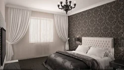 Dark bedroom interior with white wallpaper