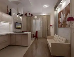 Kitchen design living room 13 sq m with sofa