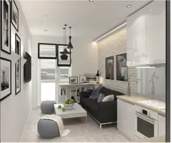 Kitchen design living room 13 sq m with sofa