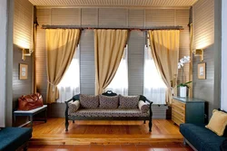 Curtains for the living room in a wooden house photo