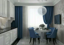 Голубые шторы в интерьере кухни фото