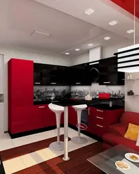 Living room design with red kitchen