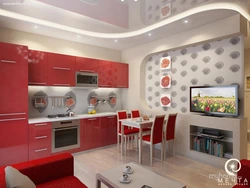 Living room design with red kitchen