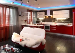 Living Room Design With Red Kitchen