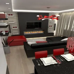 Living room design with red kitchen