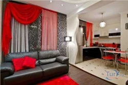 Living room design with red kitchen