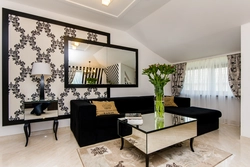 Living room design with black wallpaper
