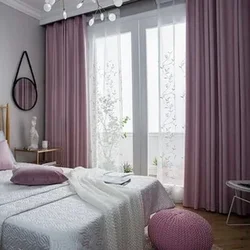 Серые шторы в интерьере спальни