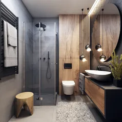 Дызайн інтэр'еру ваннага пакоя з душавой і туалетам і ваннай