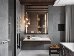 Дизайн ванной комнаты в серых тонах с деревом