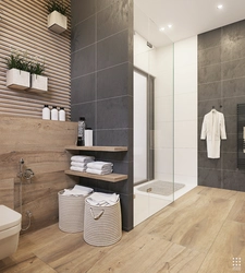 Bathroom design in gray tones with wood